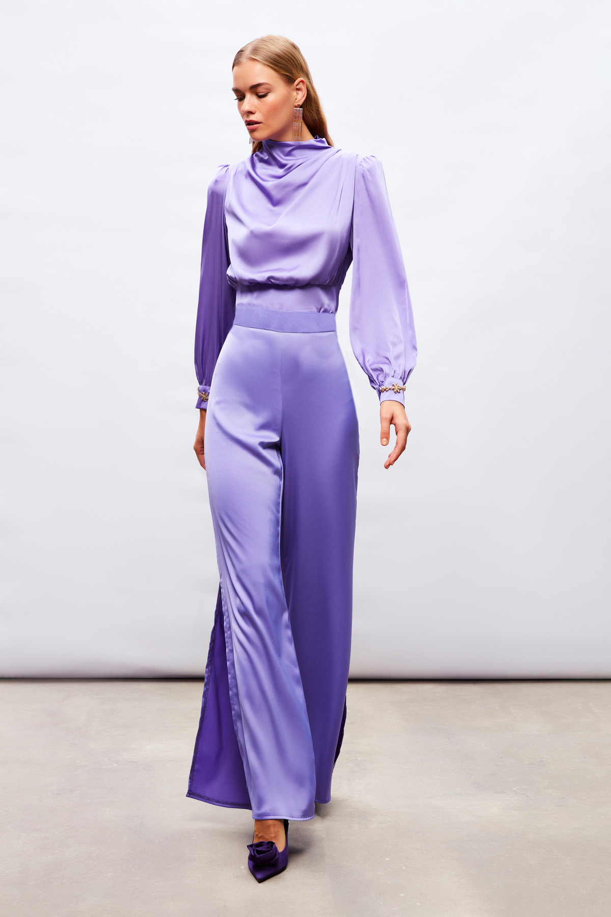 Yırtmaç Detaylı Saten Pantolon - MOR