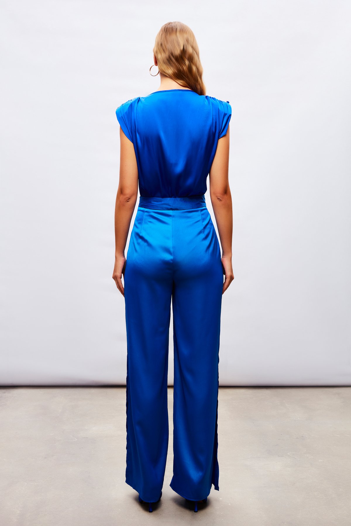 Yırtmaç Detaylı Saten Pantolon - SAX MAVİ