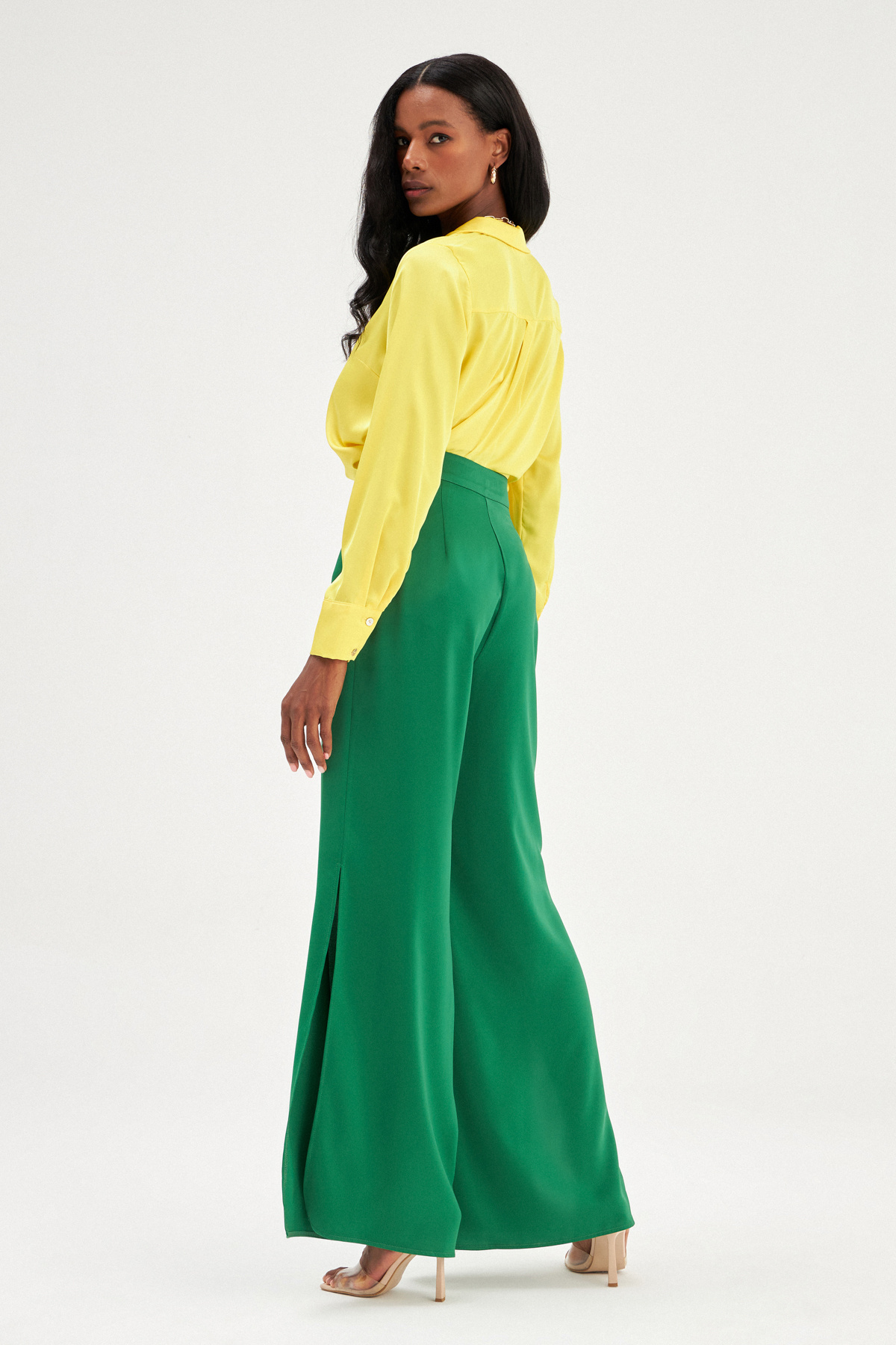 Yırtmaç Detaylı Saten Pantolon - ZÜMRÜT