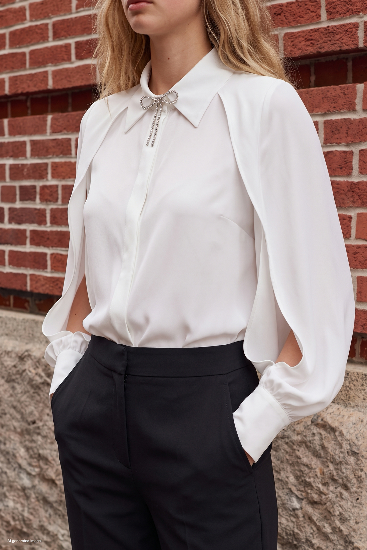 Shirt with Slit Sleeves and Accessory Detail - Ecru