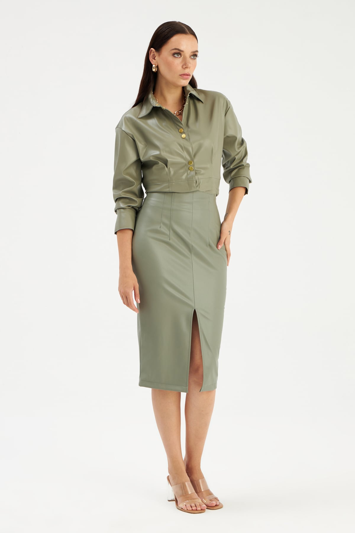 Slit leather skirt - KKHAKI