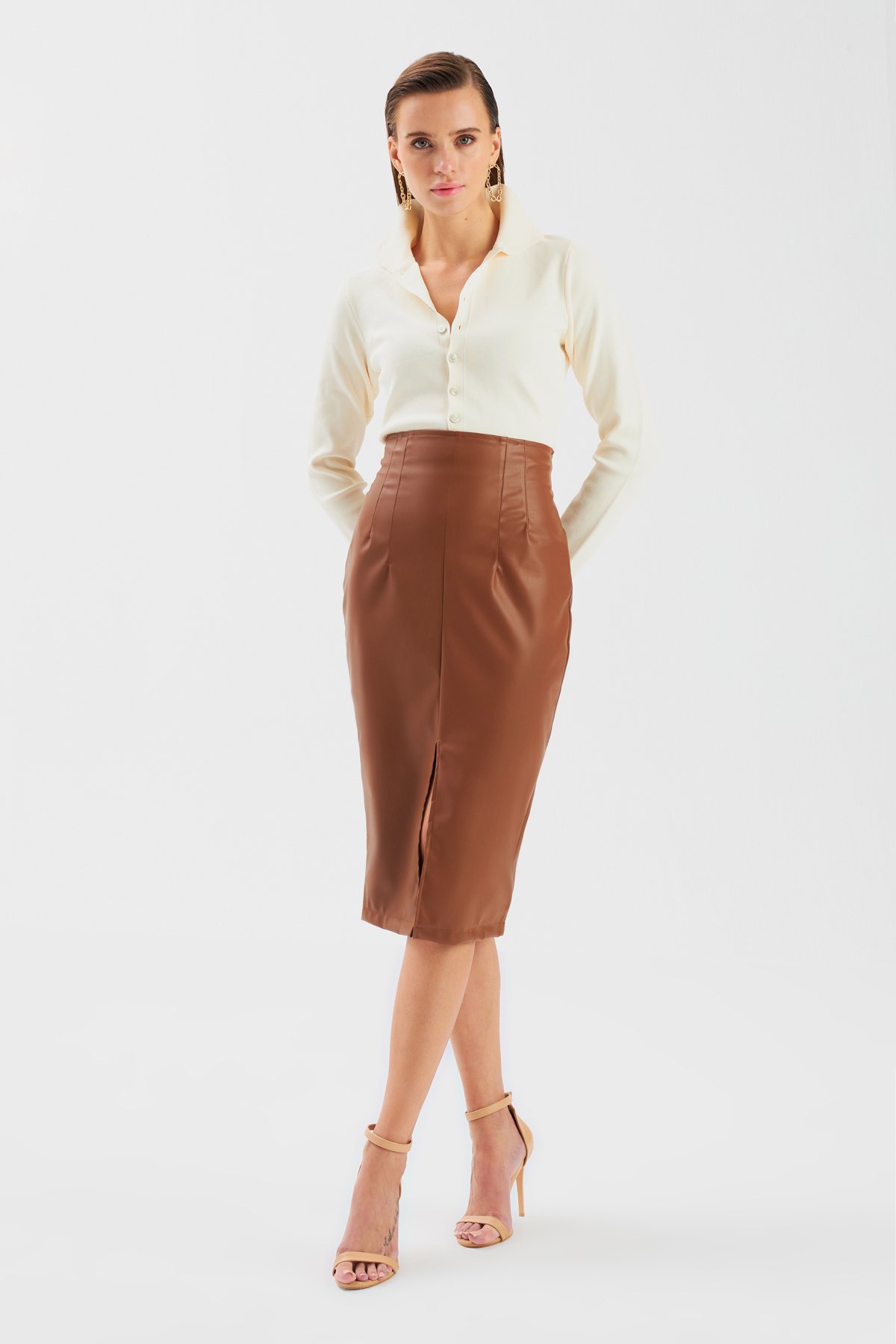 Yırtmaçlı deri etek - TABA