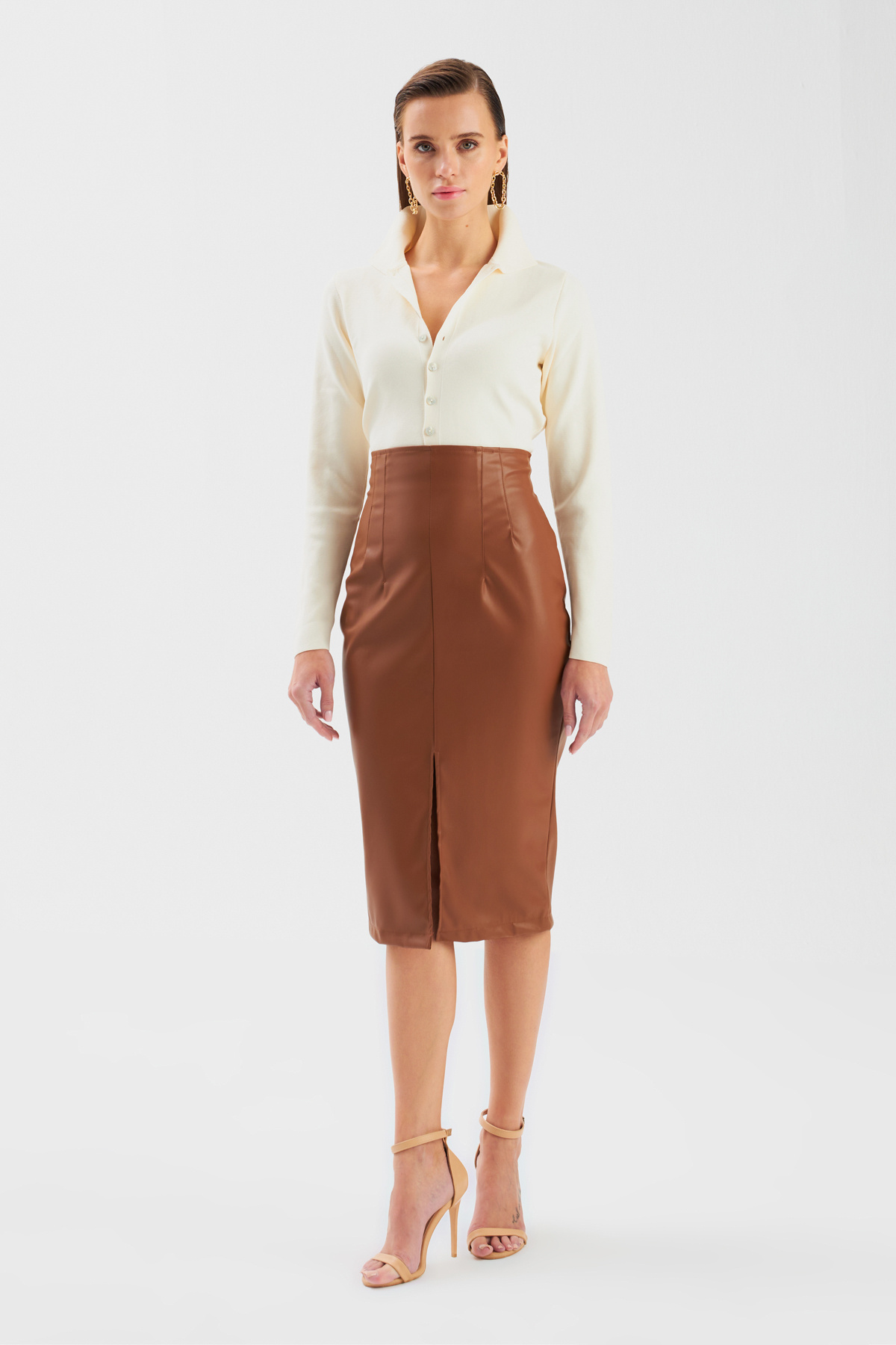 Yırtmaçlı deri etek - TABA