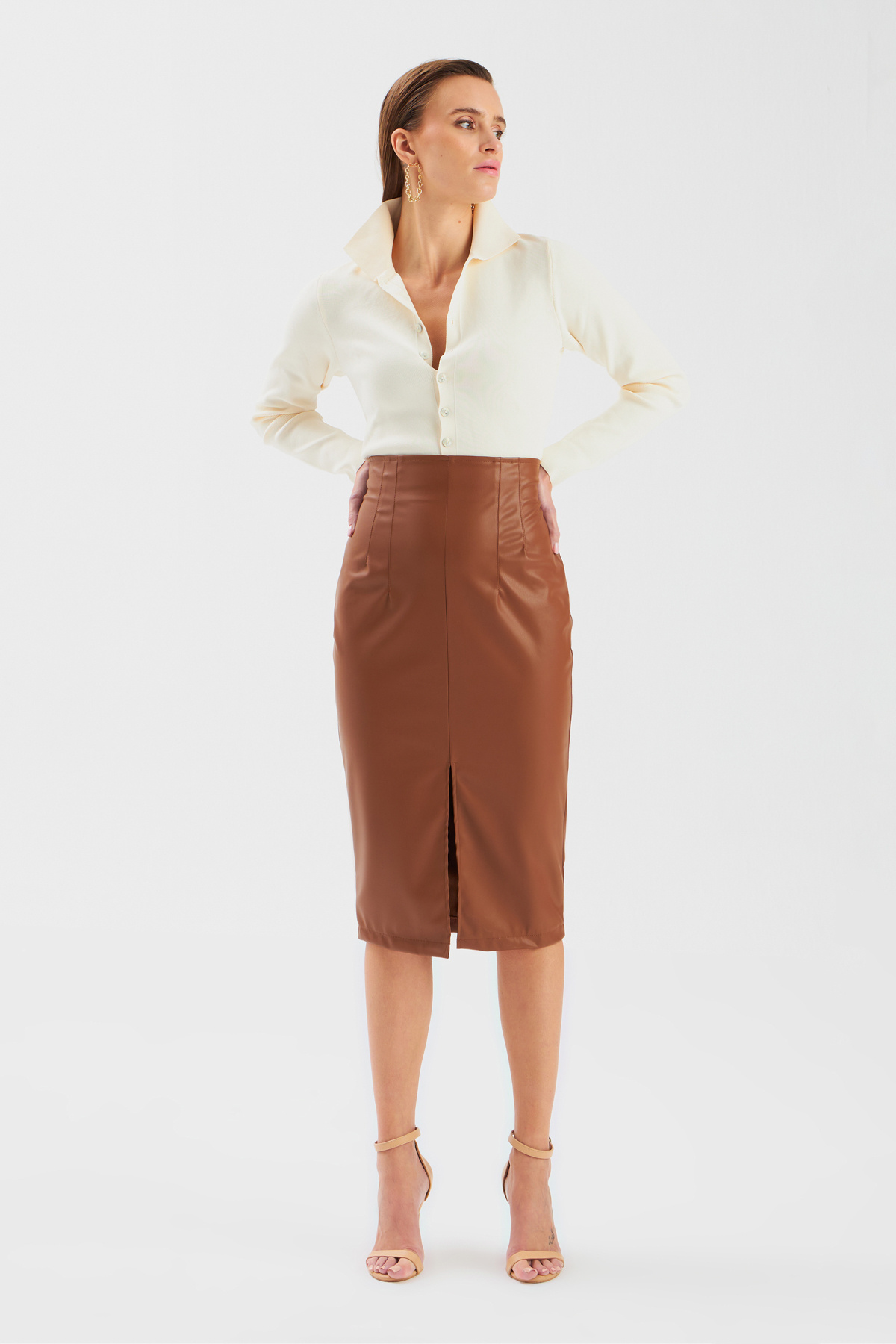 Yırtmaçlı deri etek - TABA