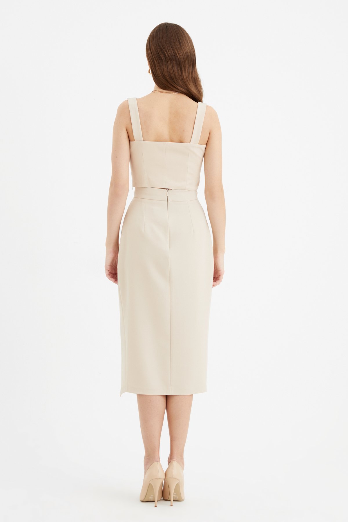 Yırtmaçlı kalem etek - BEJ