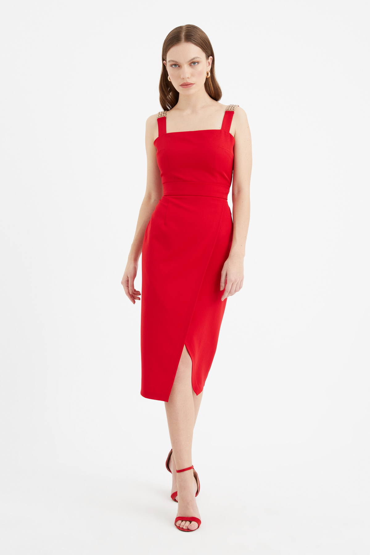 Yırtmaçlı kalem etek - KIRMIZI