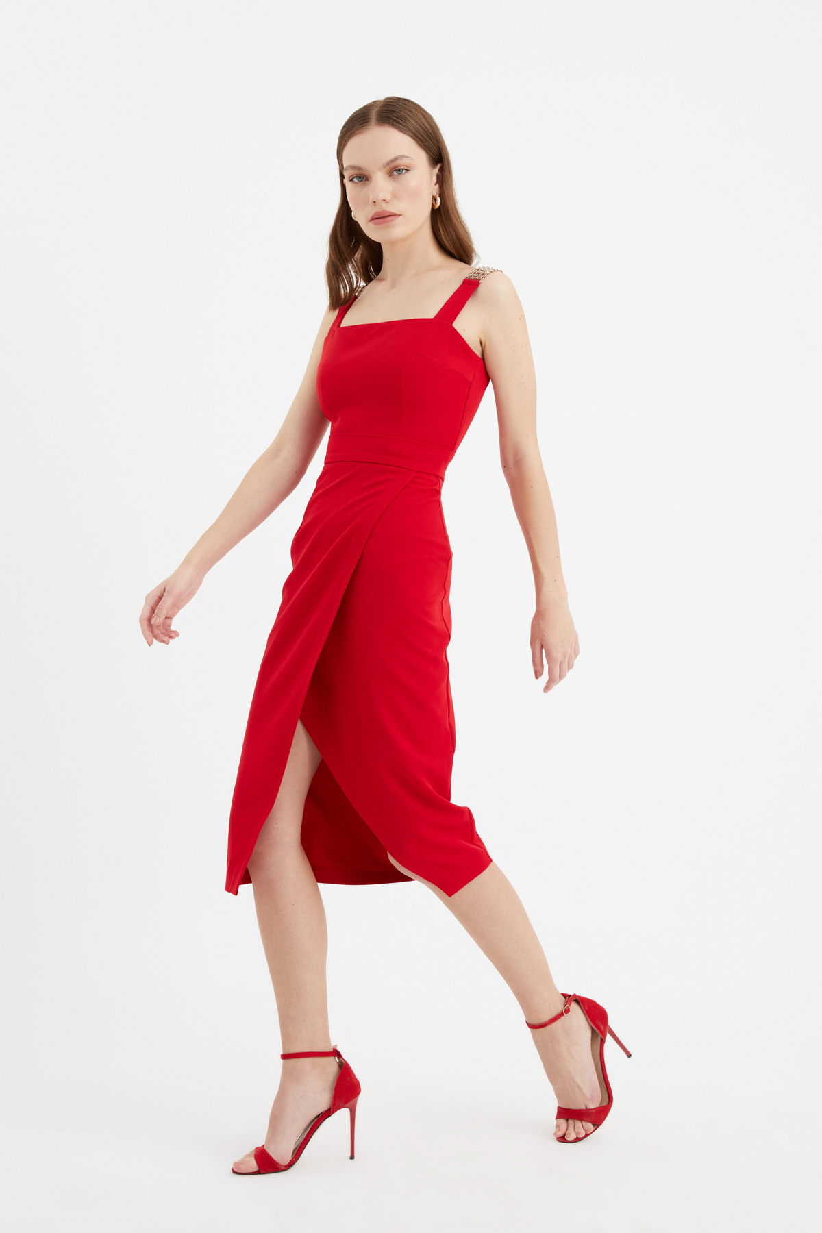 Yırtmaçlı kalem etek - KIRMIZI