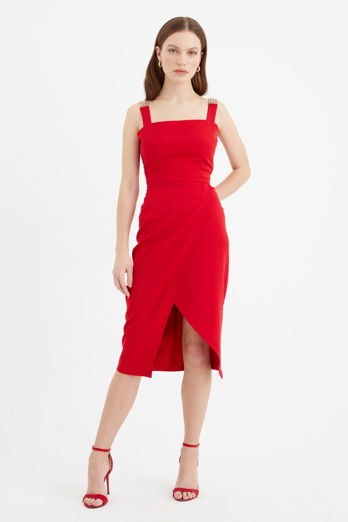 Yırtmaçlı kalem etek - KIRMIZI