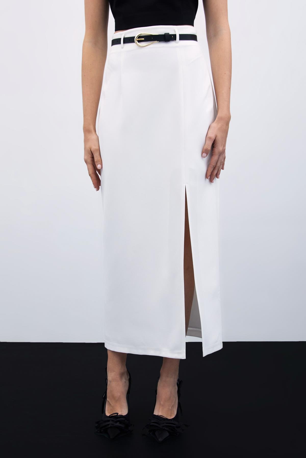 Yırtmaçlı Kemerli Uzun Etek - Ekru