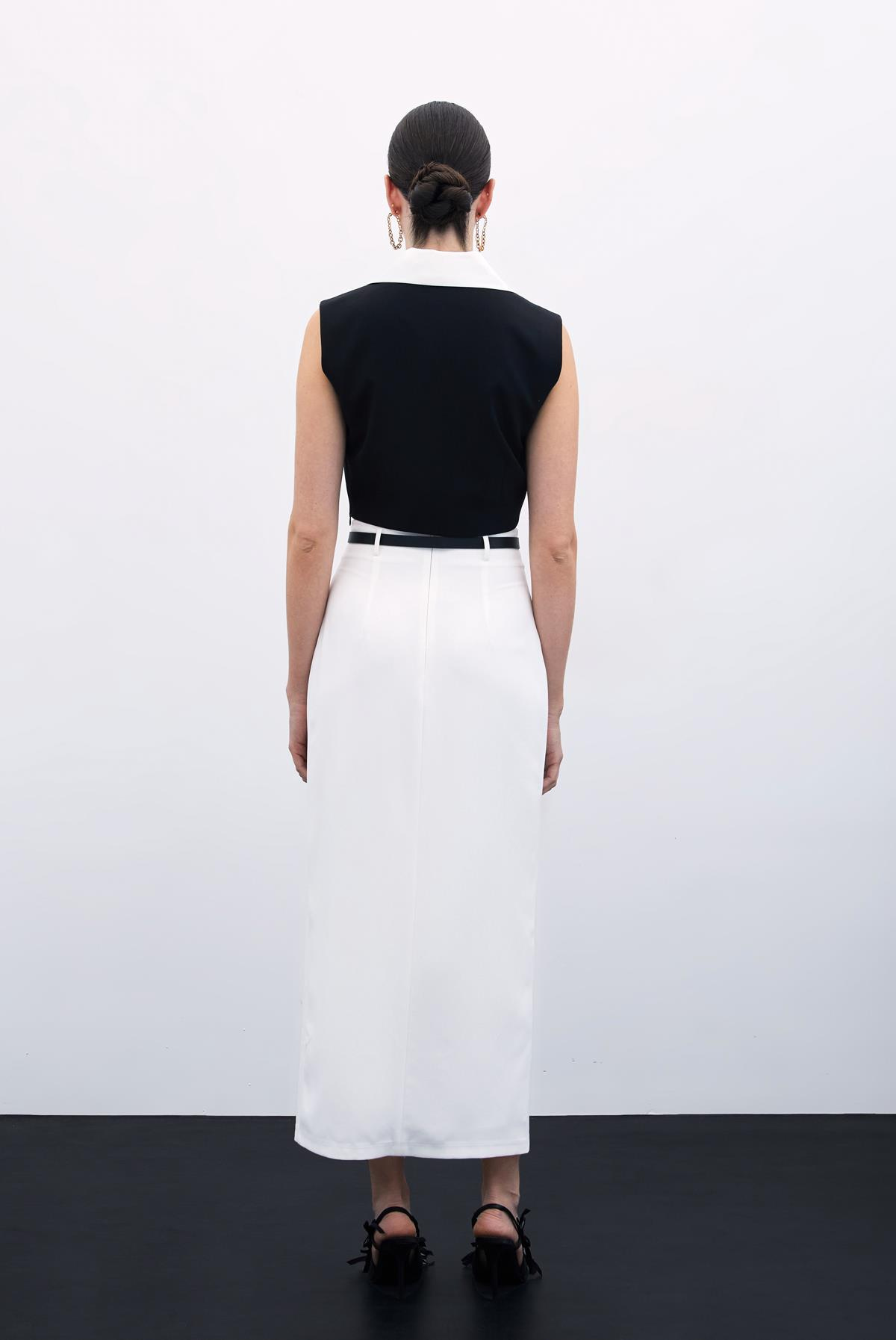 Yırtmaçlı Kemerli Uzun Etek - Ekru