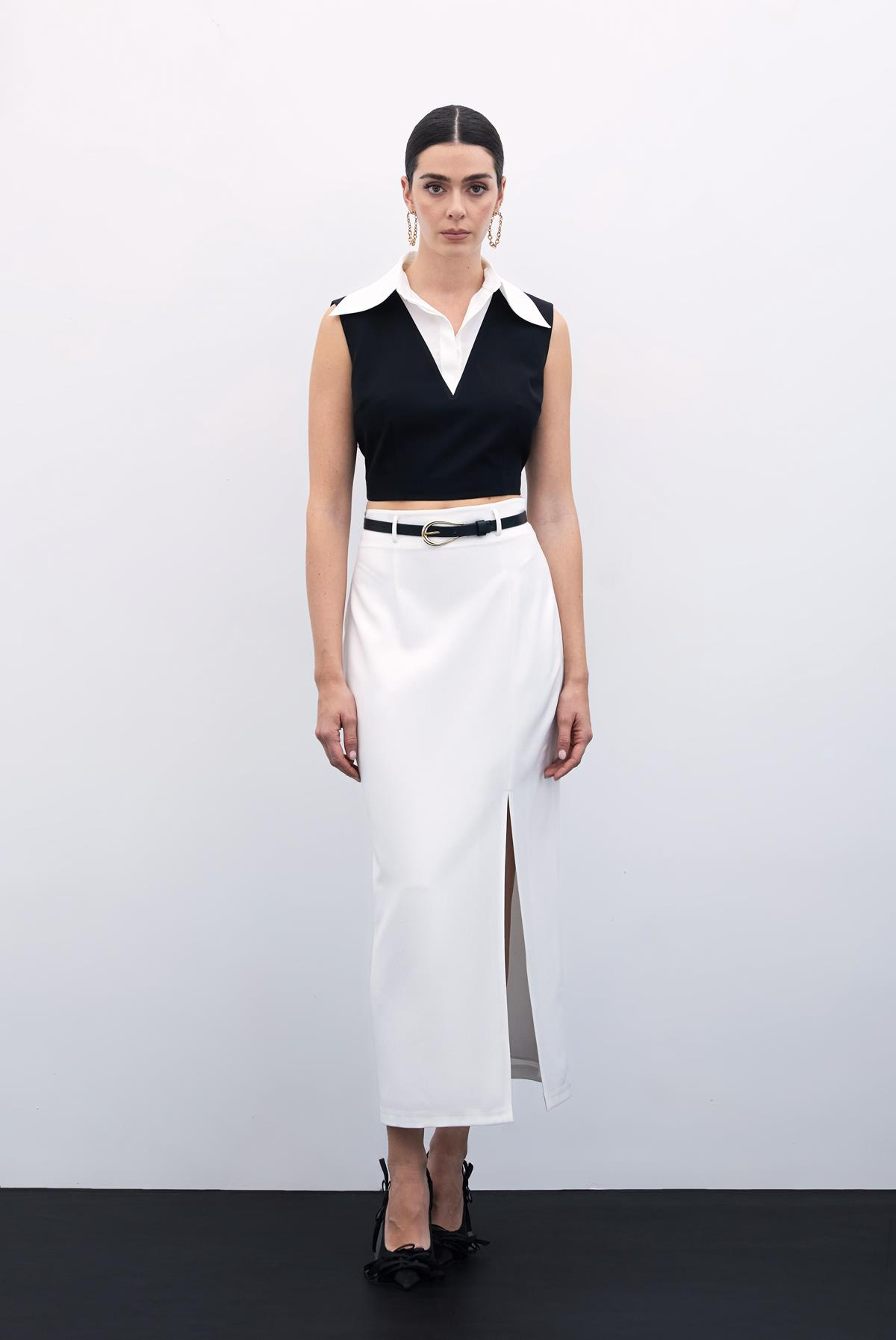 Yırtmaçlı Kemerli Uzun Etek - Ekru