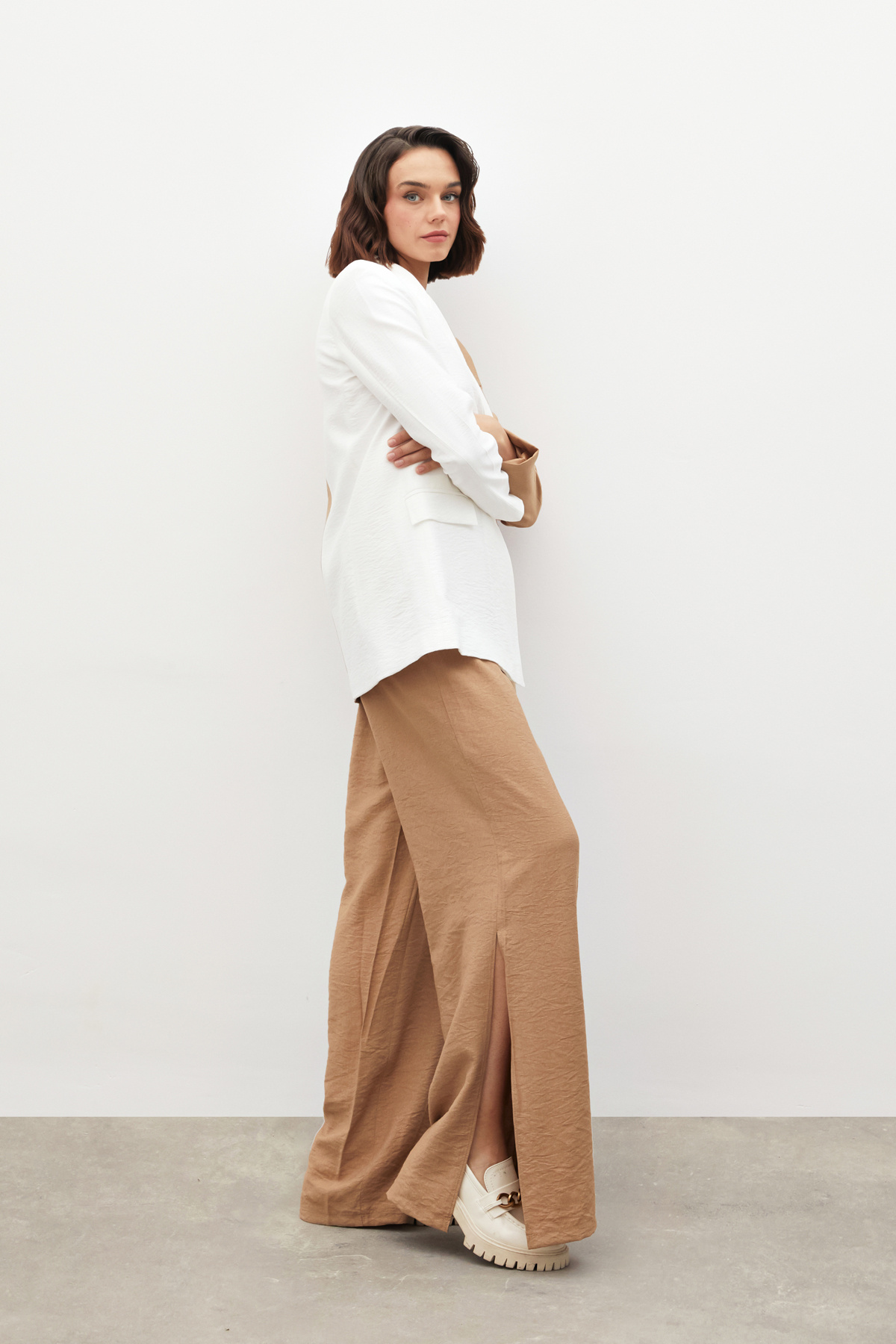 Yırtmaçlı Keten Pantolon - BEJ