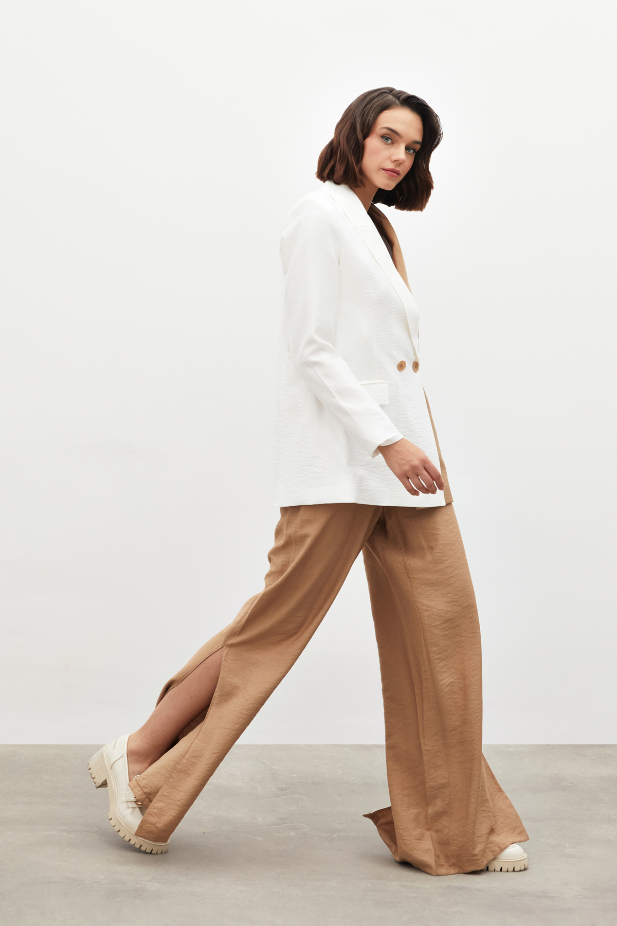 Yırtmaçlı Keten Pantolon - BEJ