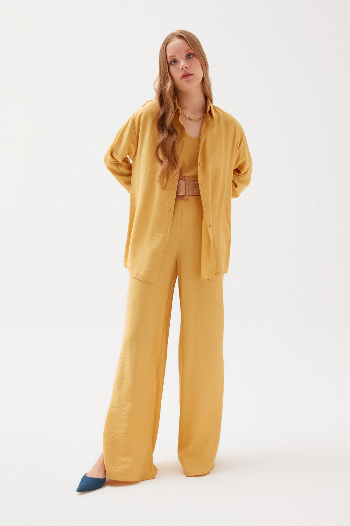 Yırtmaçlı Keten Pantolon - SARI