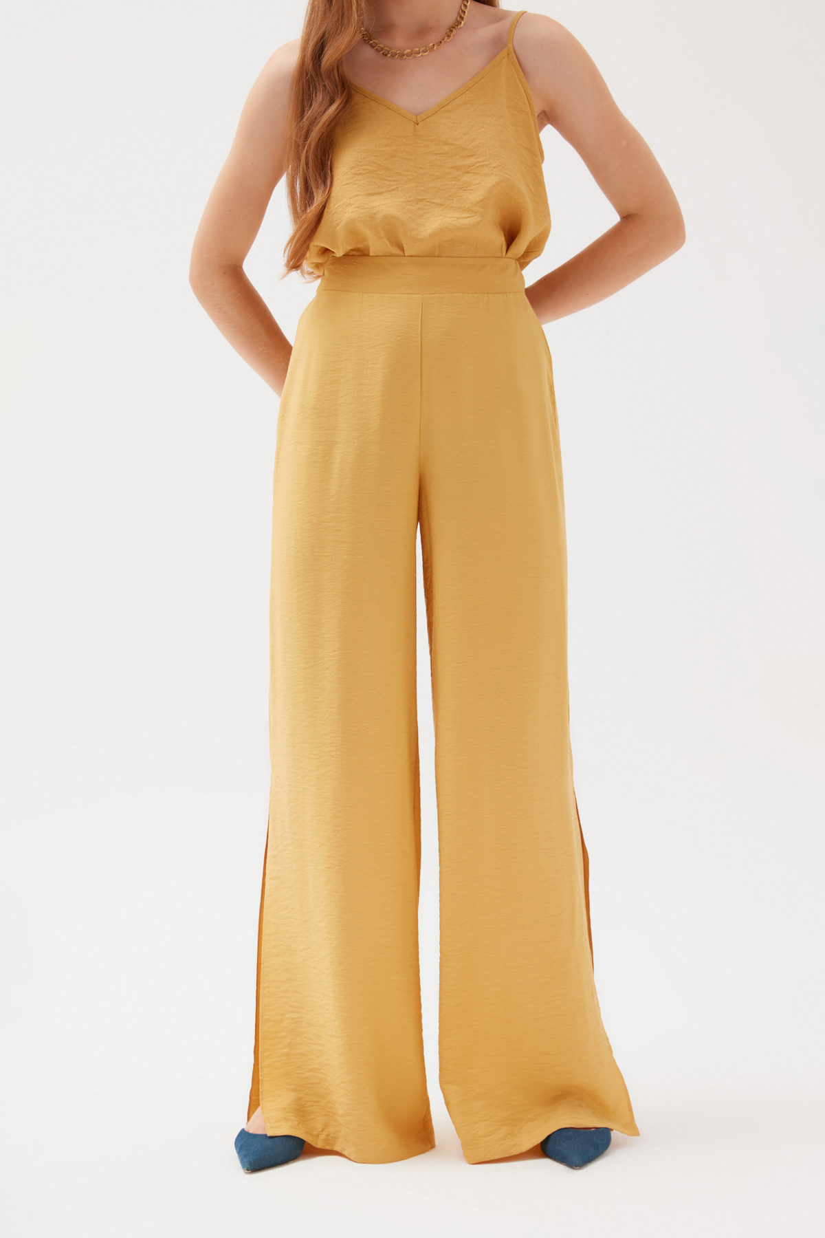 Yırtmaçlı Keten Pantolon - SARI