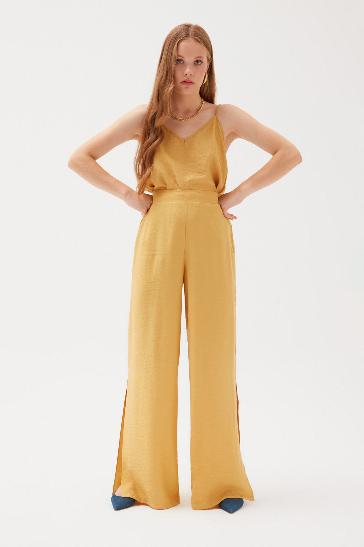 Yırtmaçlı Keten Pantolon - SARI