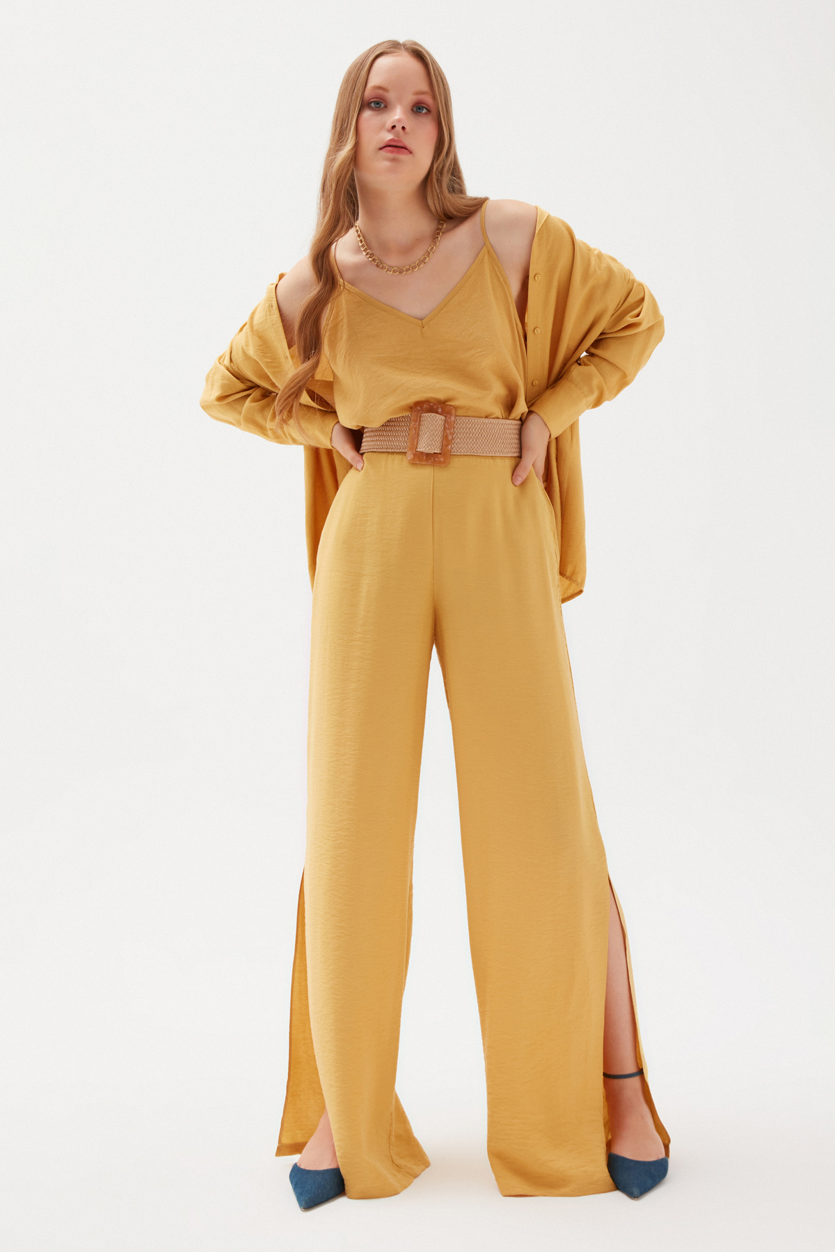 Yırtmaçlı Keten Pantolon - SARI