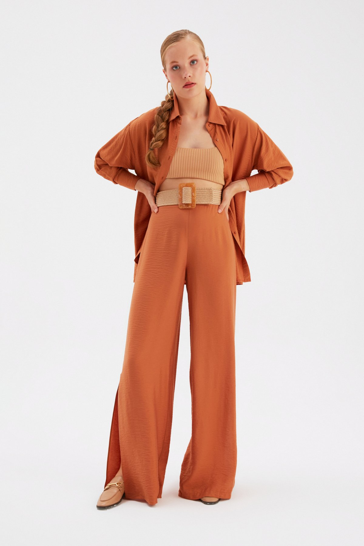 Yırtmaçlı Keten Pantolon - TABA