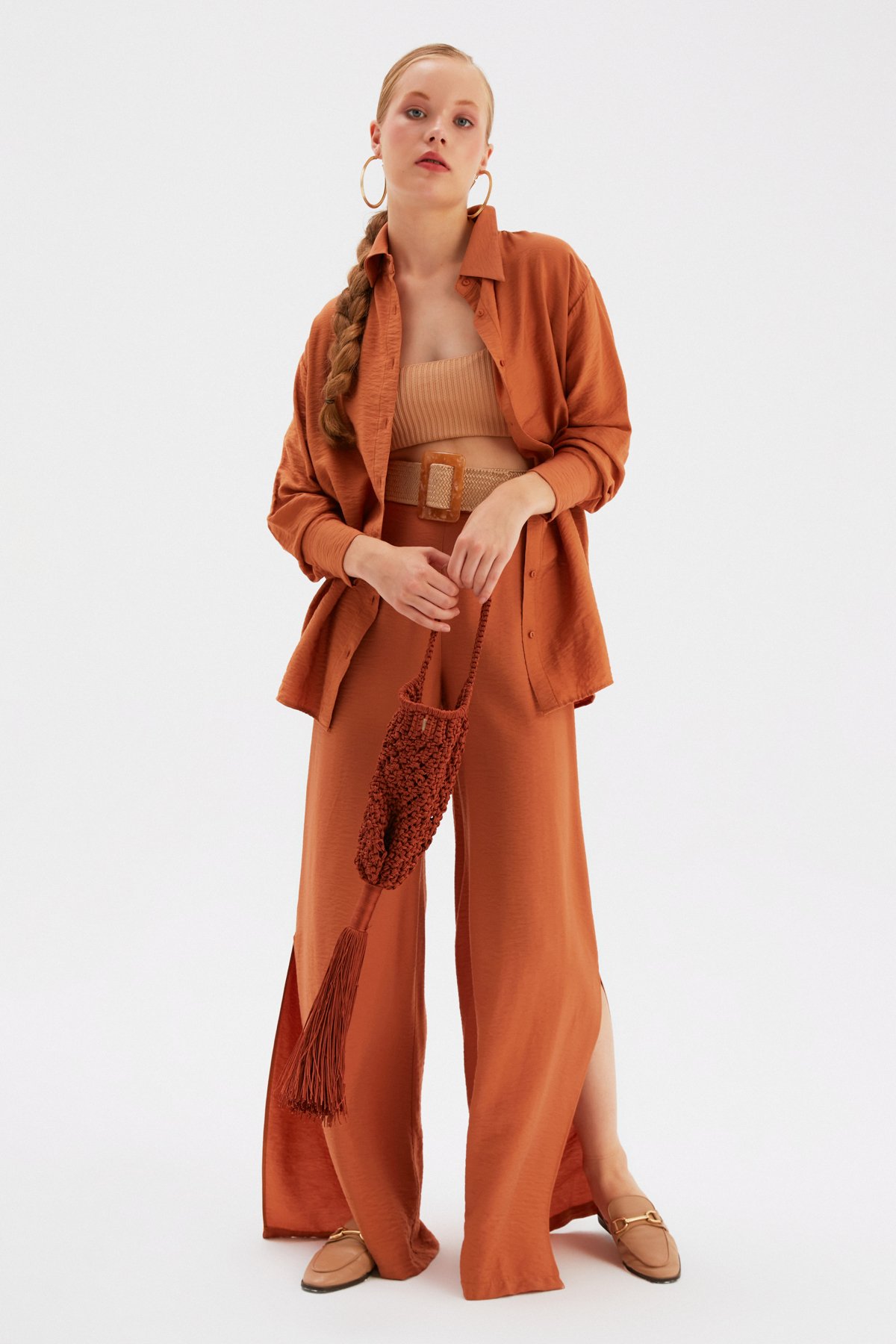 Yırtmaçlı Keten Pantolon - TABA