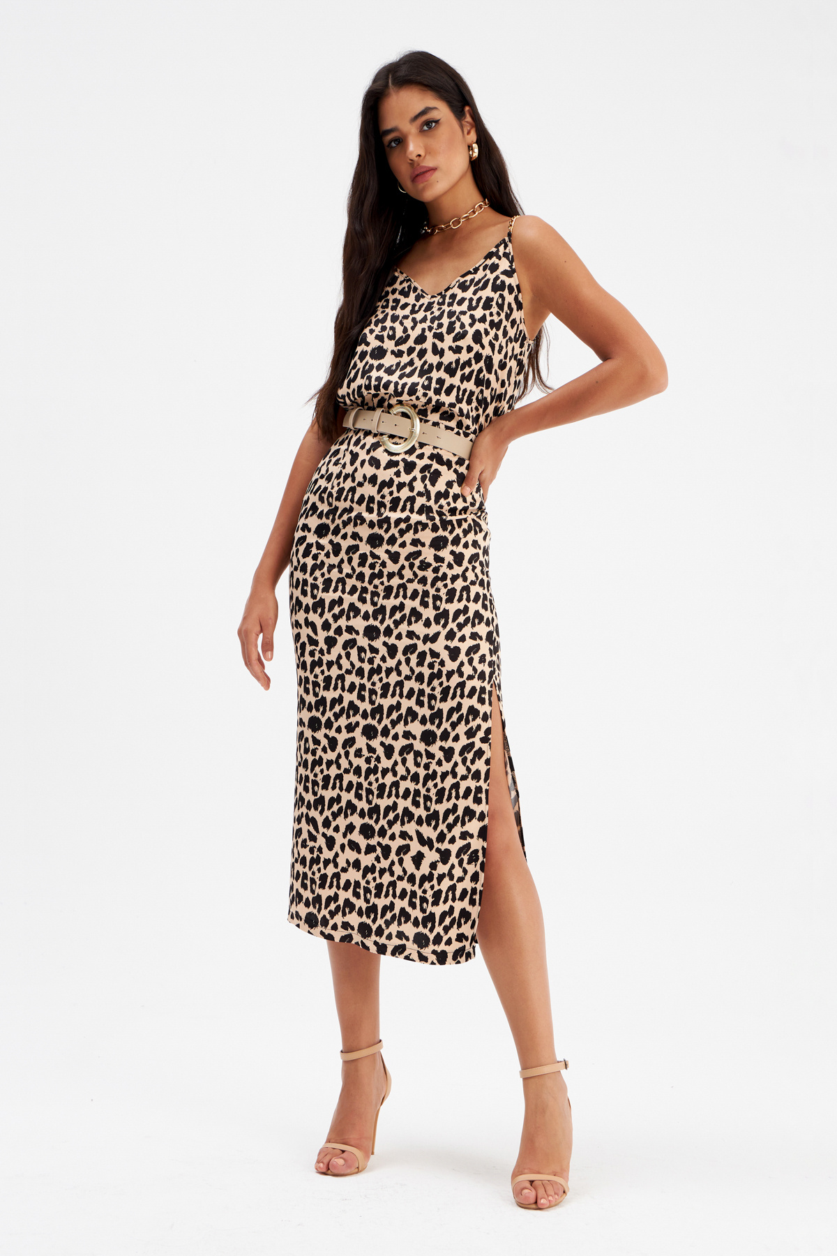 Yırtmaçlı leopar desenli saten etek - BEJ