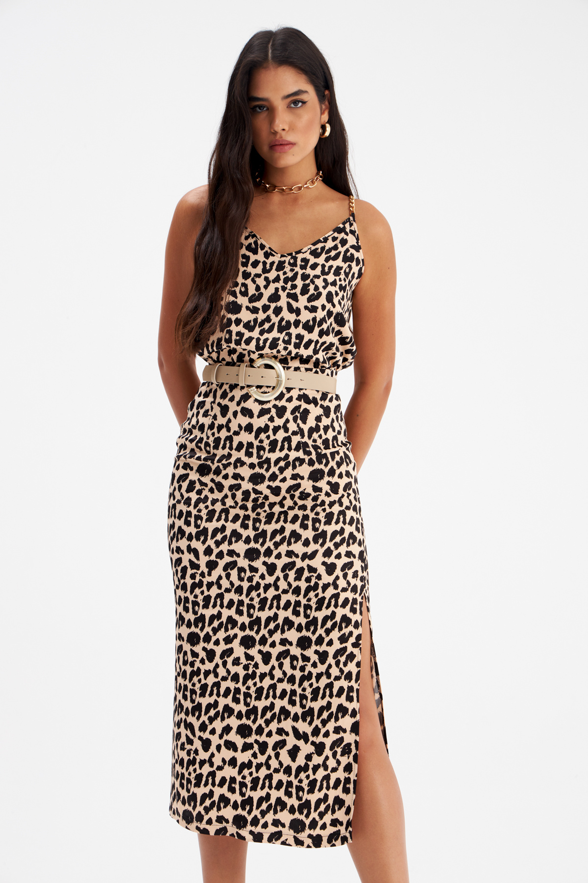 Yırtmaçlı leopar desenli saten etek - BEJ