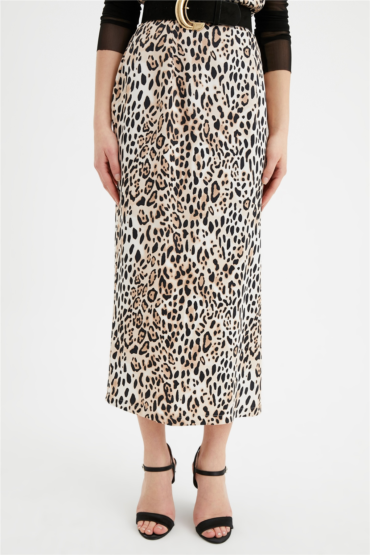 Yırtmaçlı leopar desenli saten etek - LEOPAR