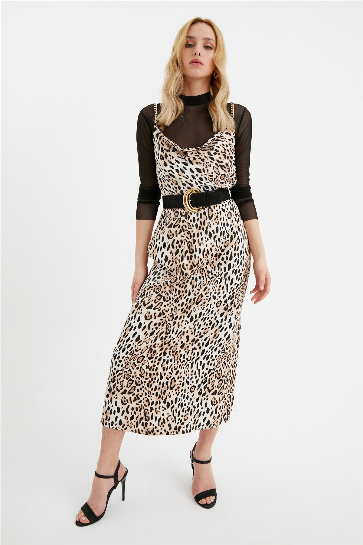 Yırtmaçlı leopar desenli saten etek - LEOPAR