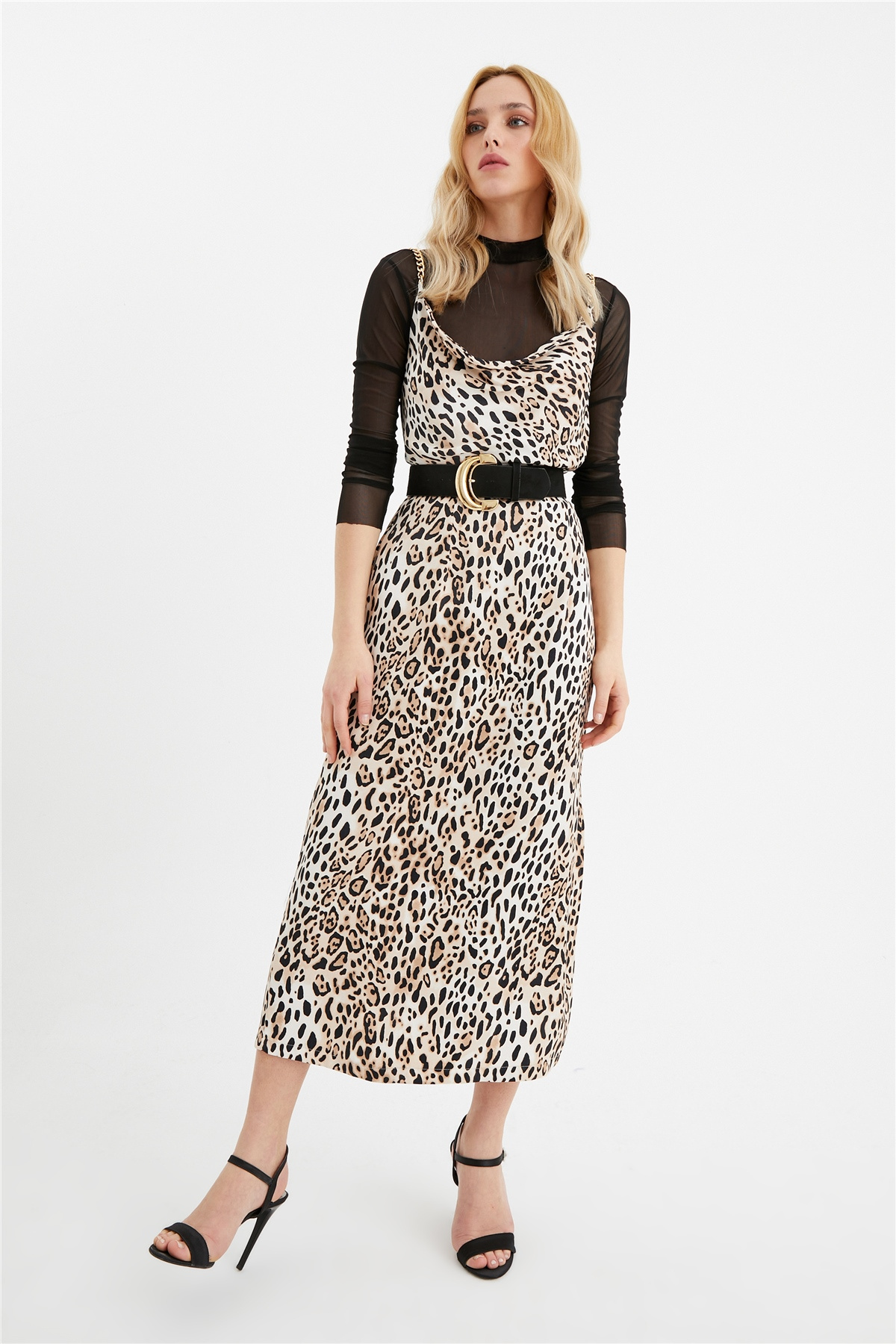 Yırtmaçlı leopar desenli saten etek - LEOPAR