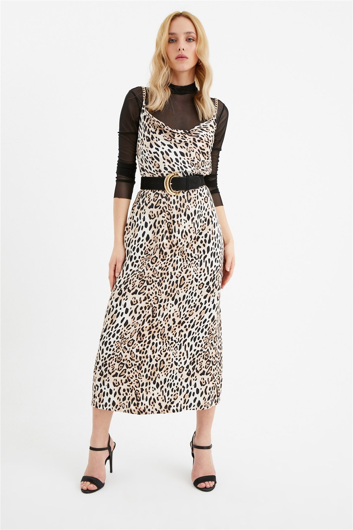 Yırtmaçlı leopar desenli saten etek - LEOPAR