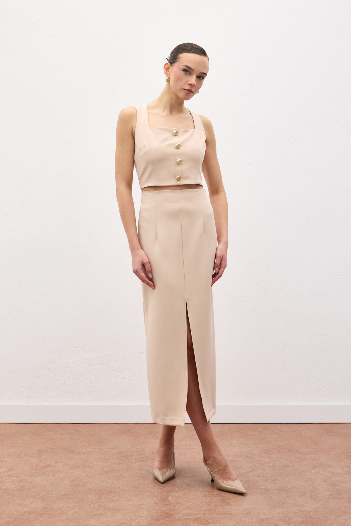 Midi Skirt with Slit - Beıge