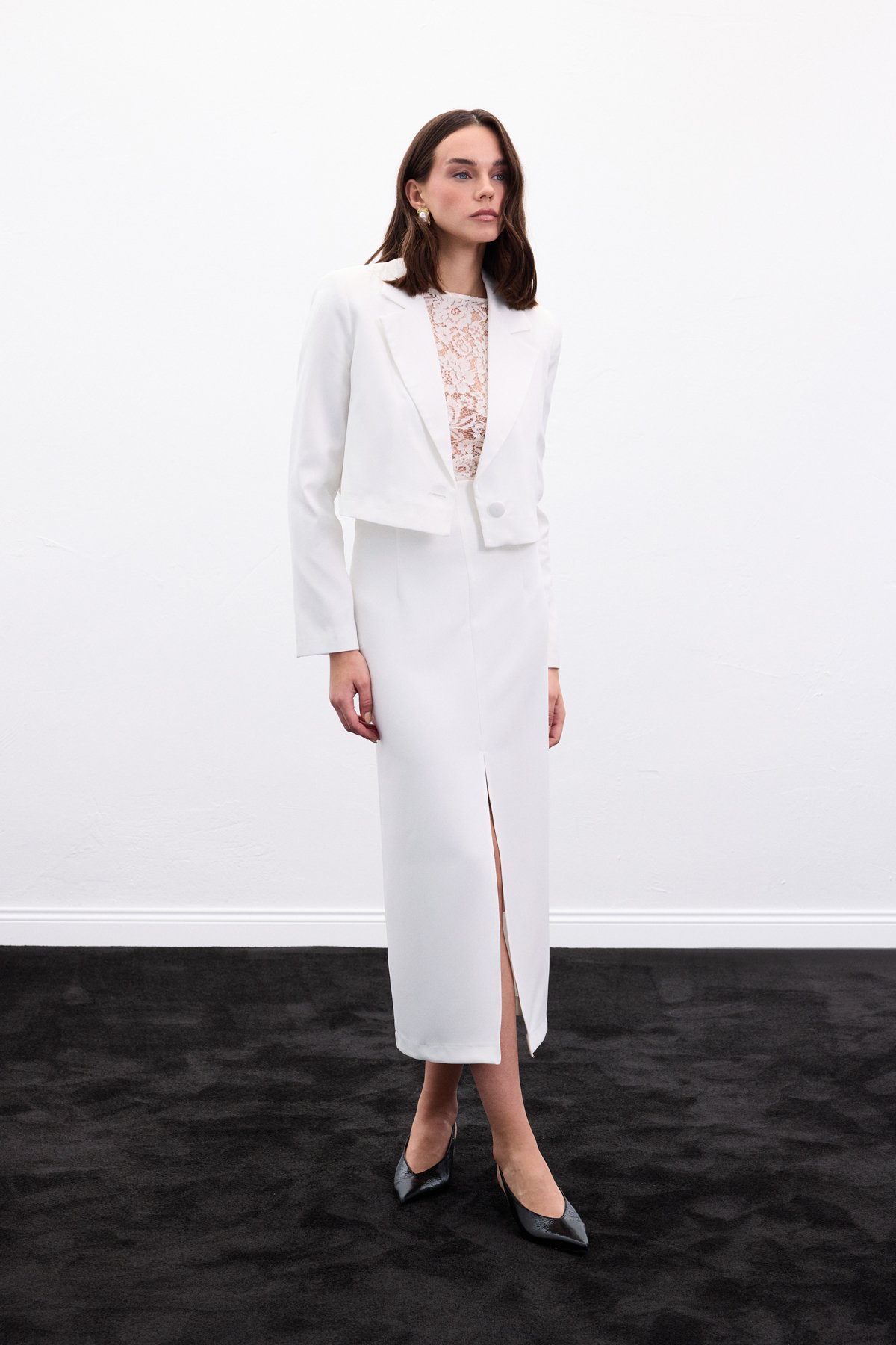 Yırtmaçlı Midi  Etek - Ekru