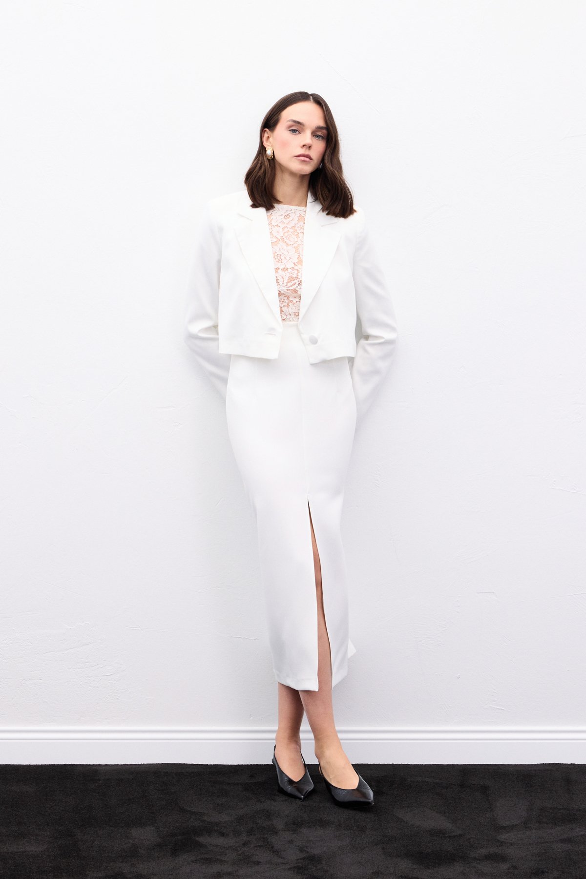 Yırtmaçlı Midi  Etek - Ekru