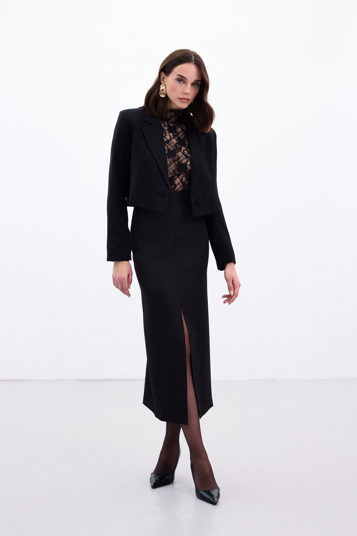 Yırtmaçlı Midi  Etek - Siyah