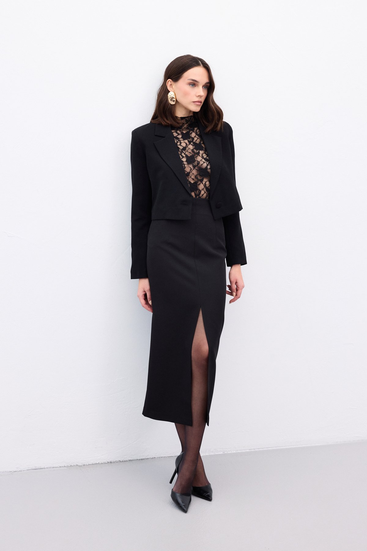 Yırtmaçlı Midi  Etek - Siyah