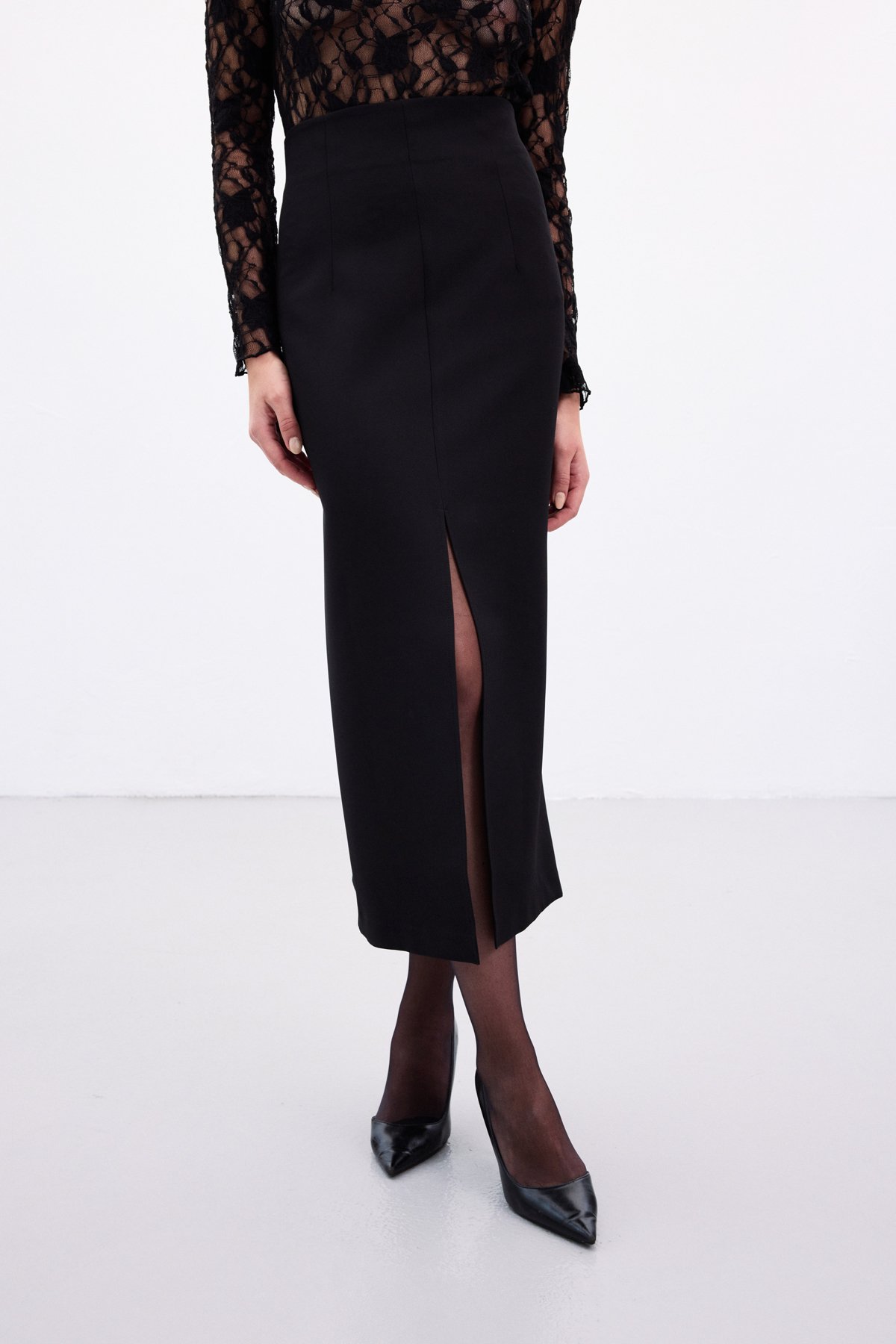 Yırtmaçlı Midi  Etek - Siyah