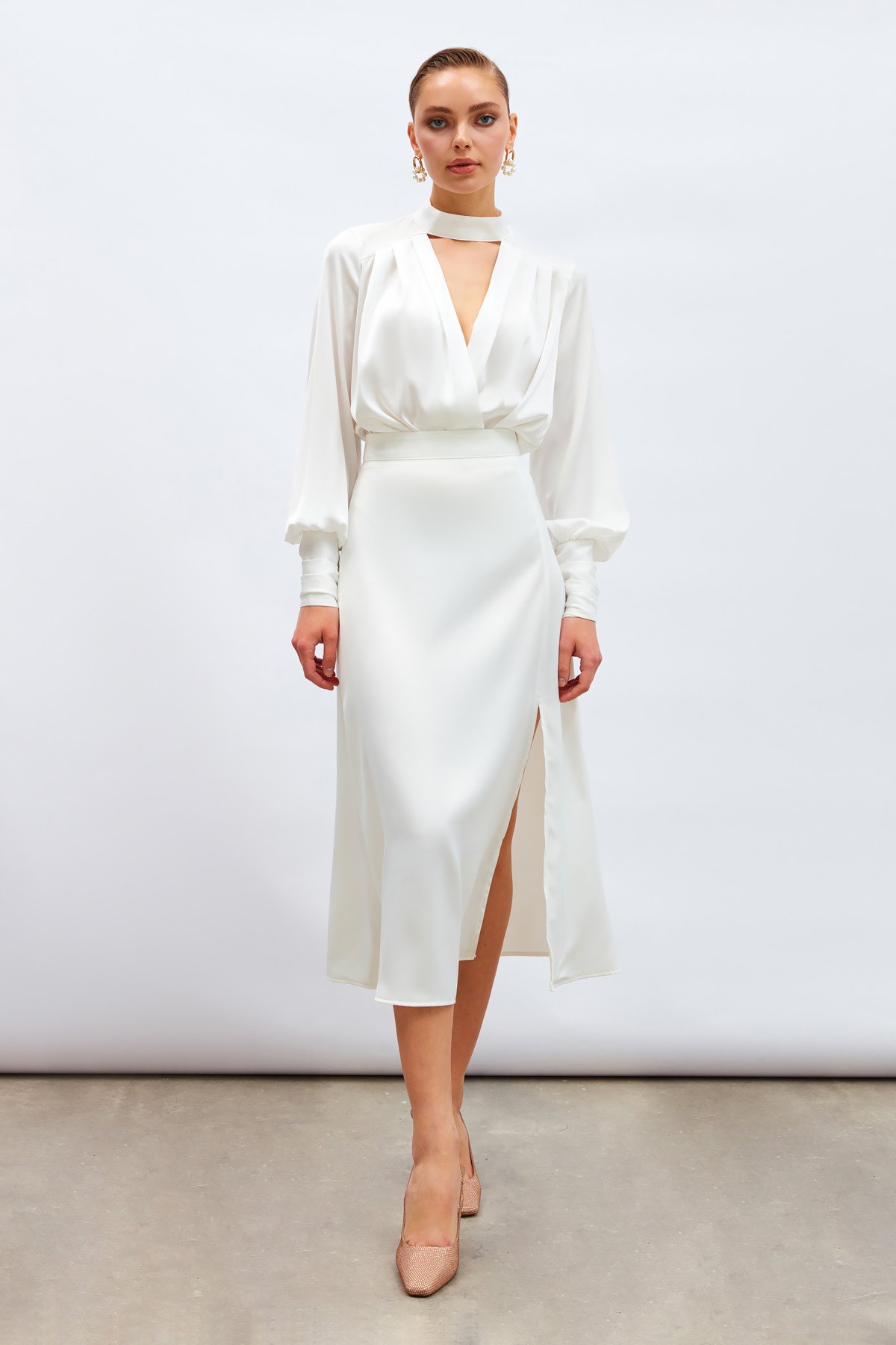 Yırtmaçlı Saten Etek - EKRU