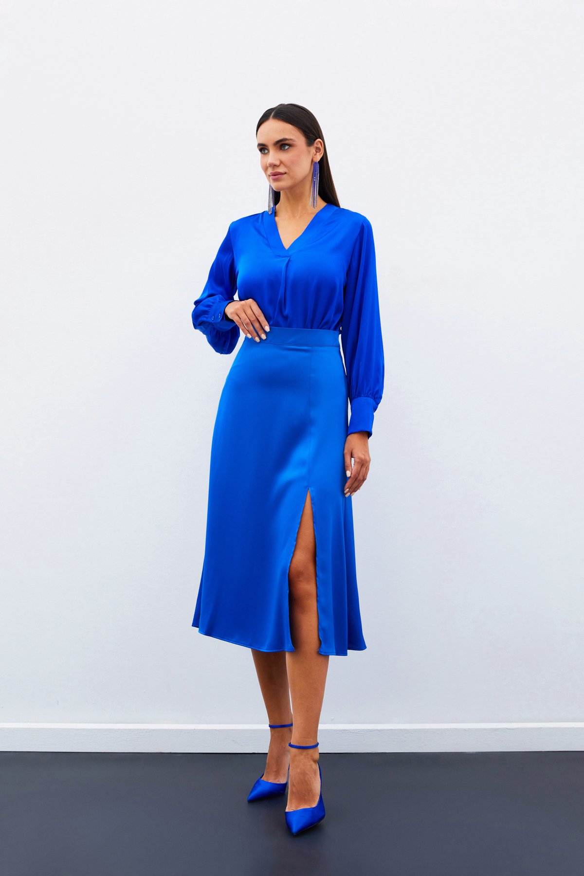 Slit Satin Skirt - SAX BLUE
