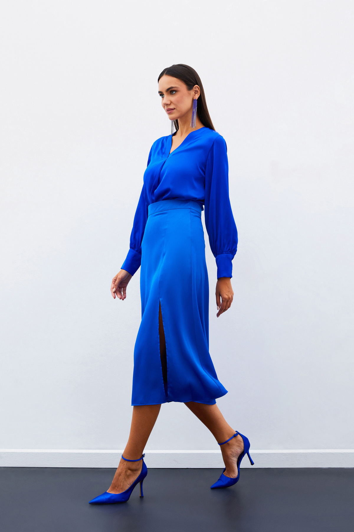 Slit Satin Skirt - SAX BLUE