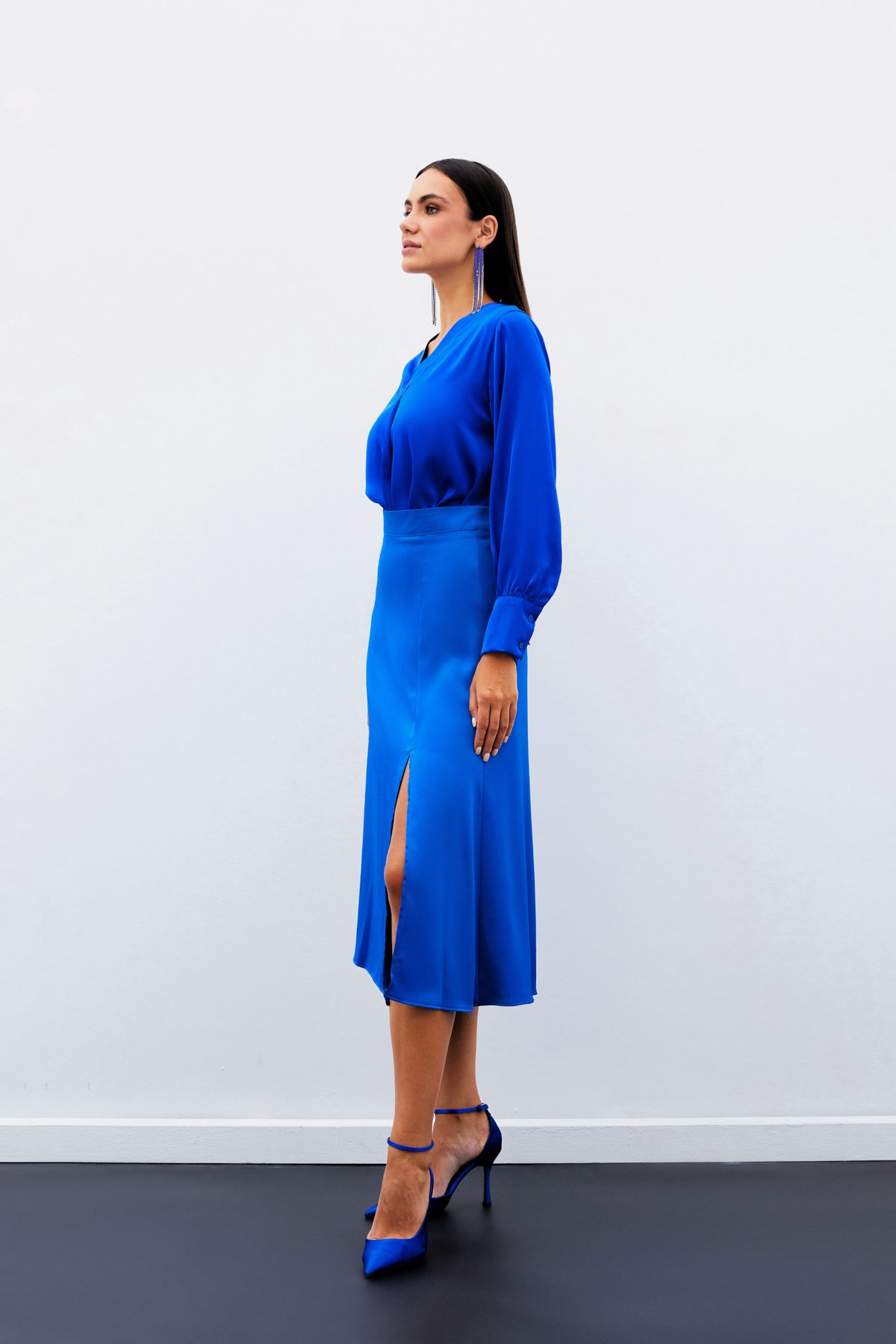 Slit Satin Skirt - SAX BLUE