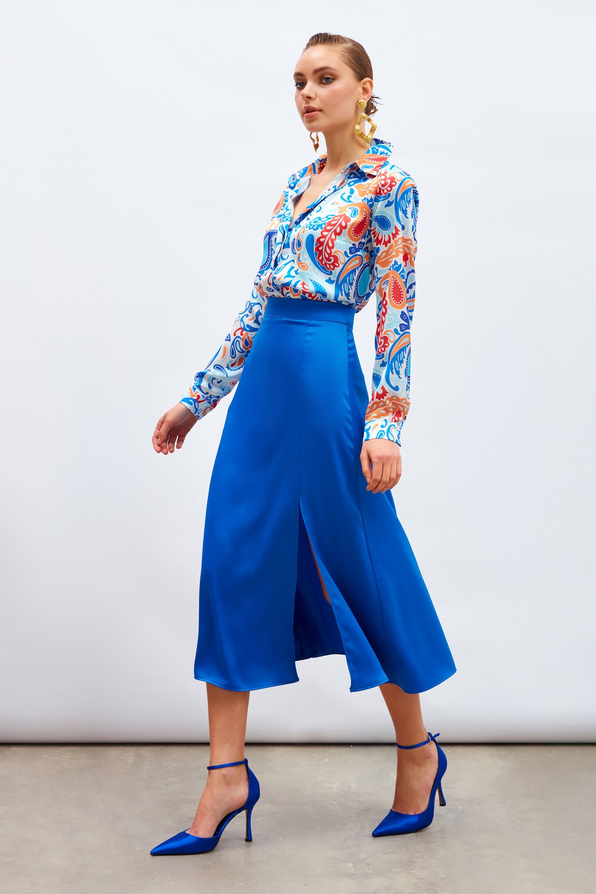 Slit Satin Skirt - SAX BLUE