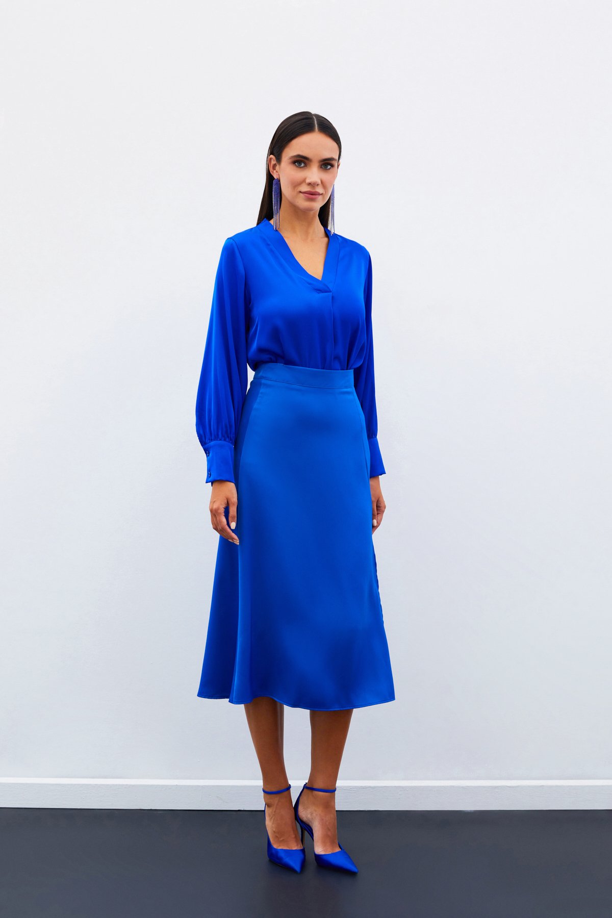 Slit Satin Skirt - SAX BLUE