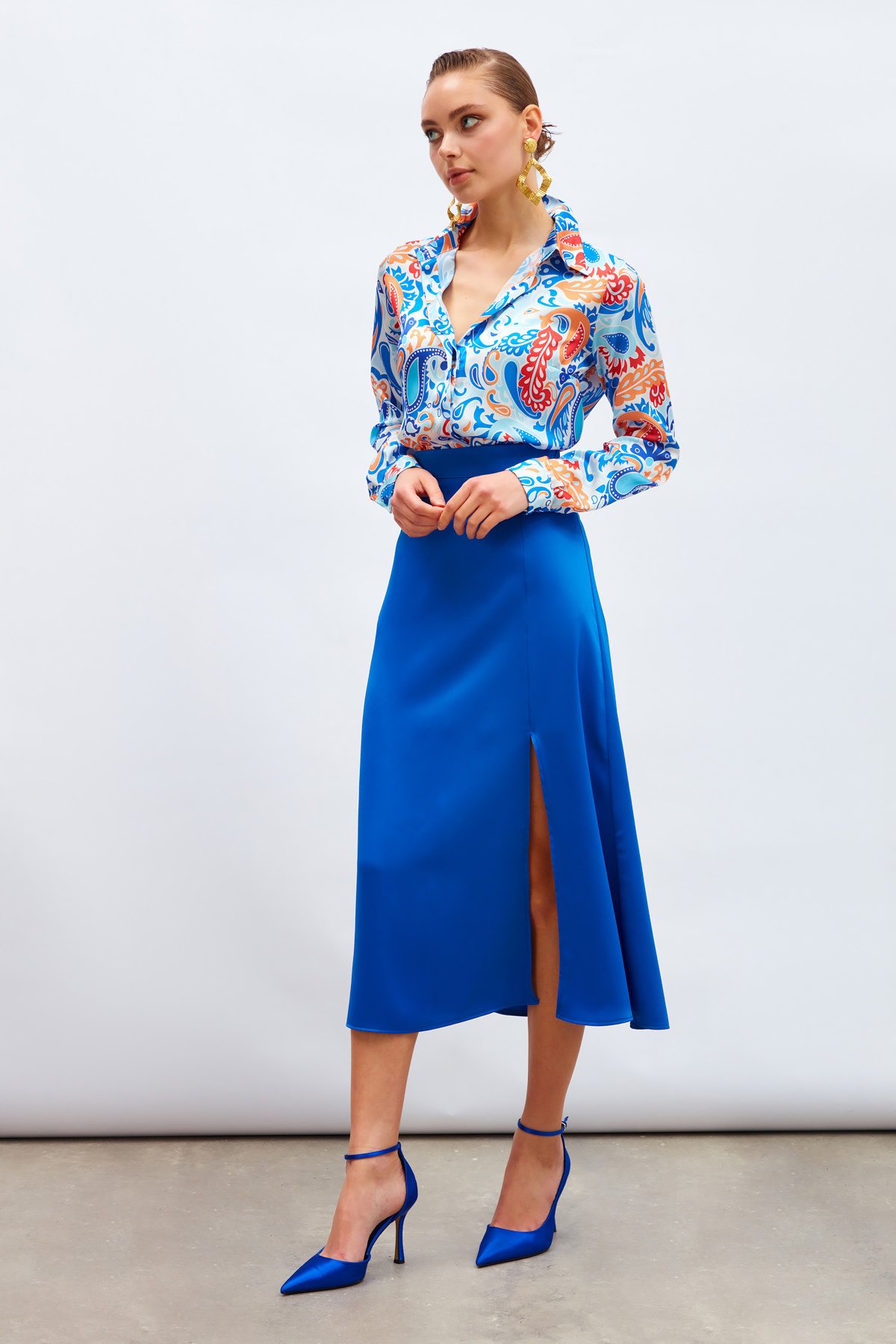 Slit Satin Skirt - SAX BLUE