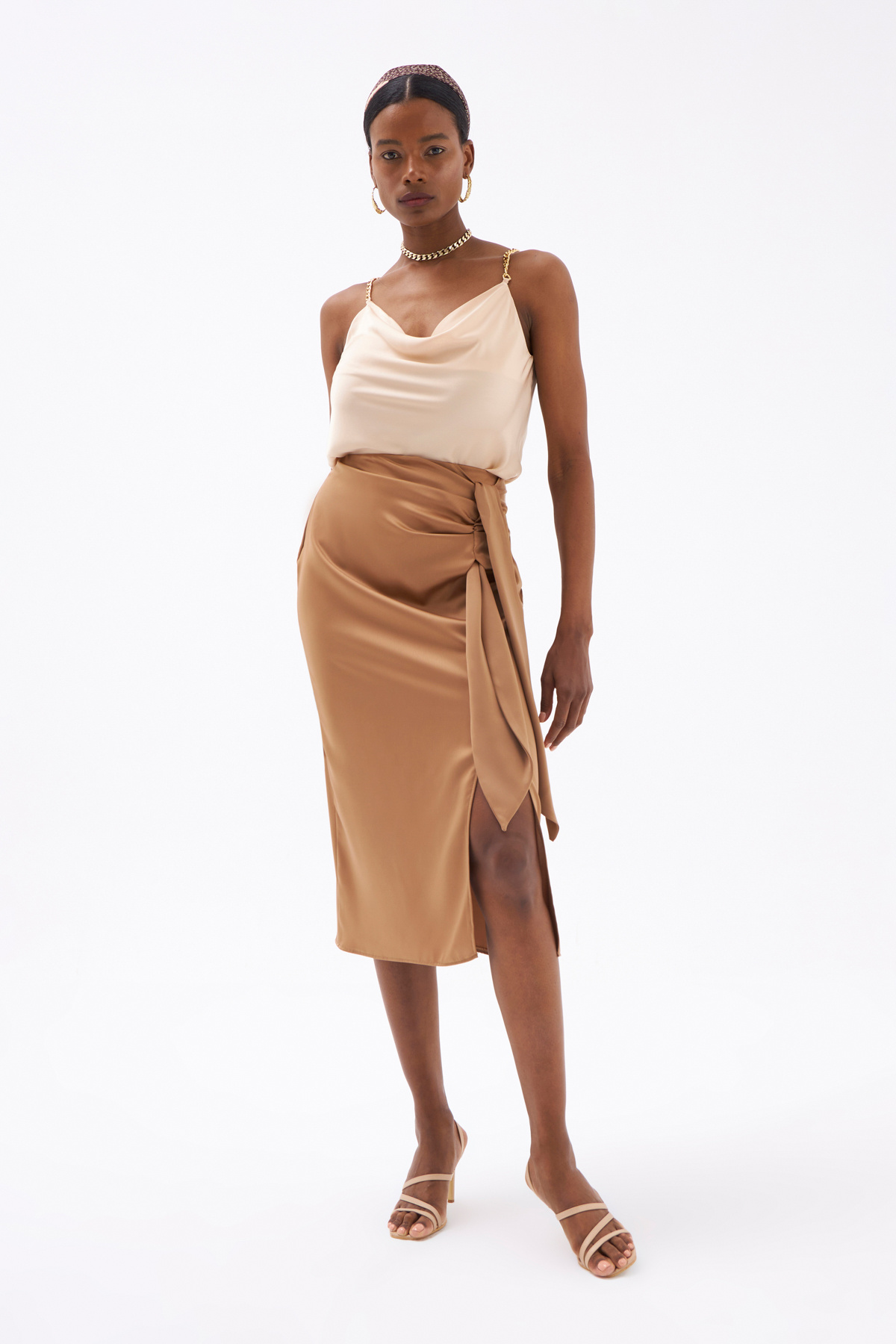 Yırtmaçlı saten etek - VİZON