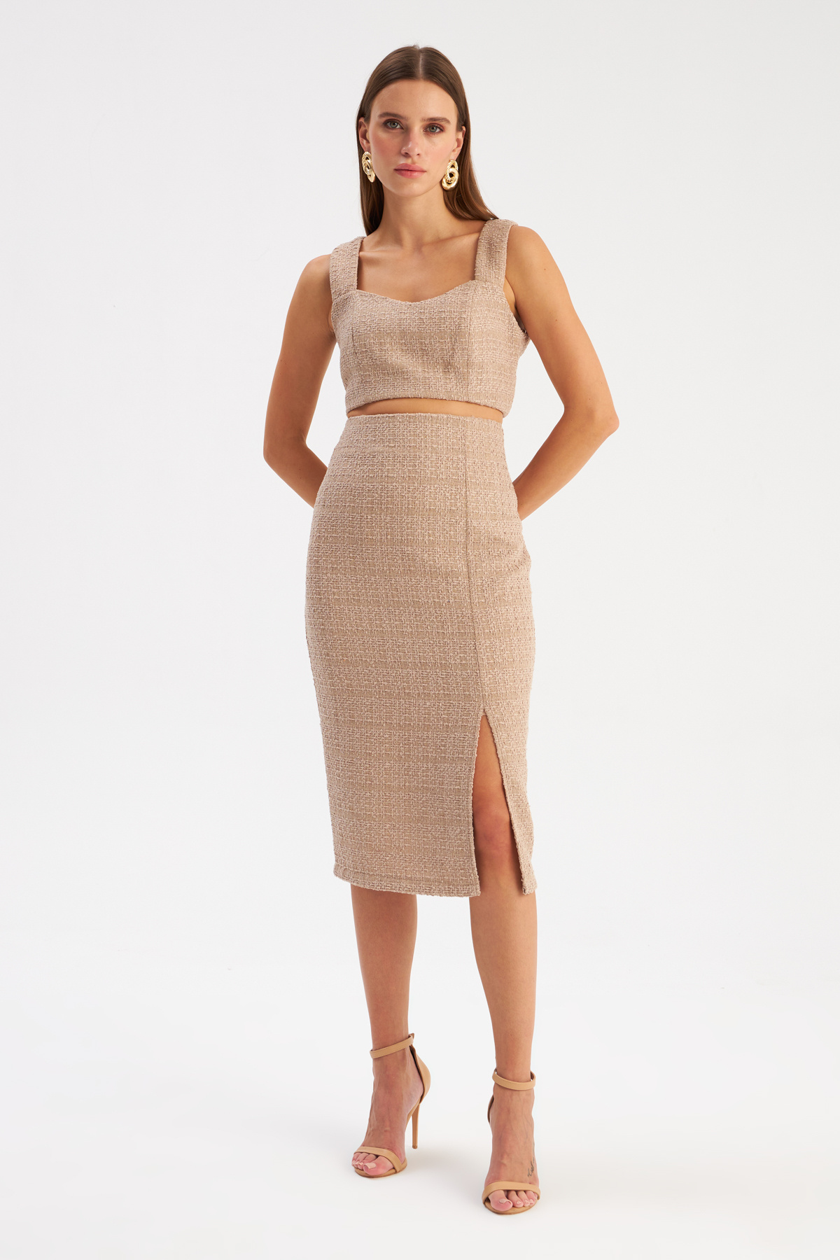 Yırtmaçlı Tüvit Kalem Etek - BEJ