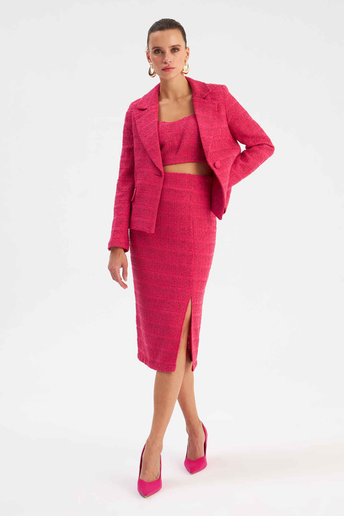 Yırtmaçlı Tüvit Kalem Etek - FUŞYA