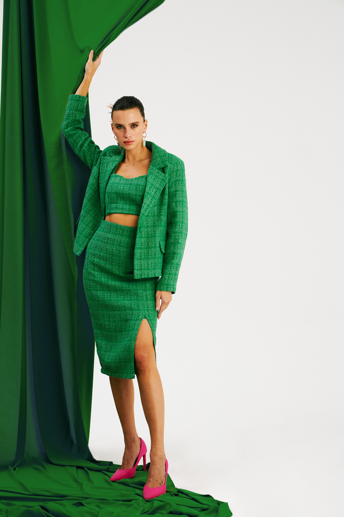 Yırtmaçlı Tüvit Kalem Etek - K.YEŞİL