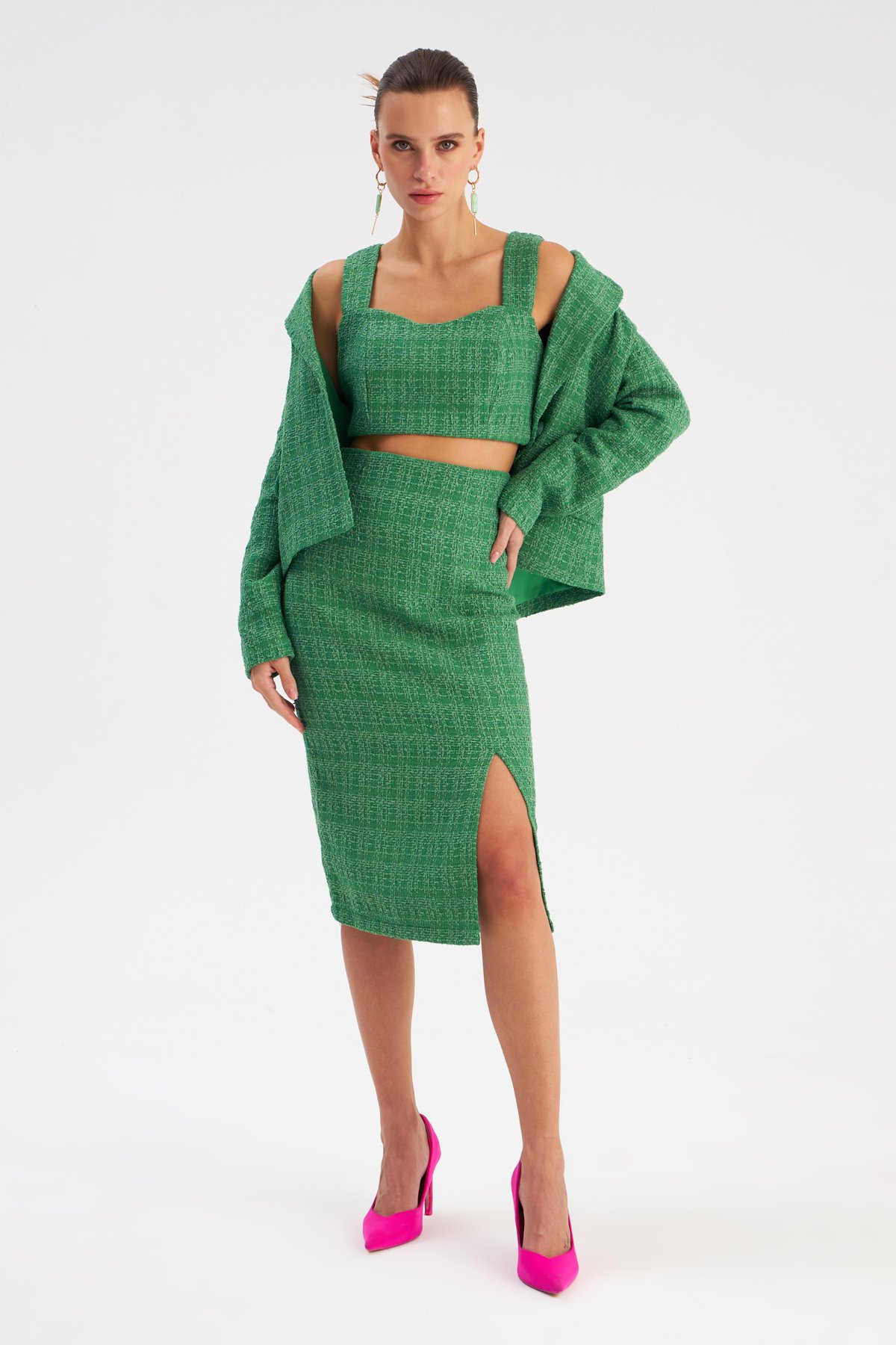 Yırtmaçlı Tüvit Kalem Etek - K.YEŞİL