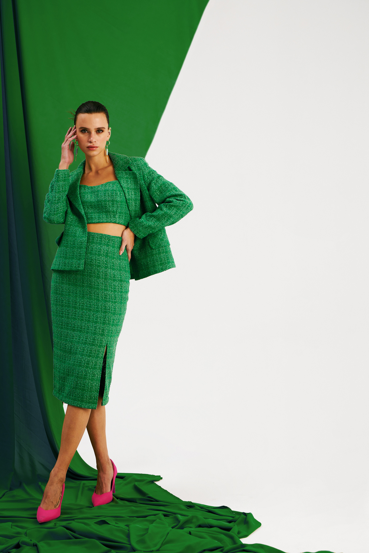 Yırtmaçlı Tüvit Kalem Etek - K.YEŞİL