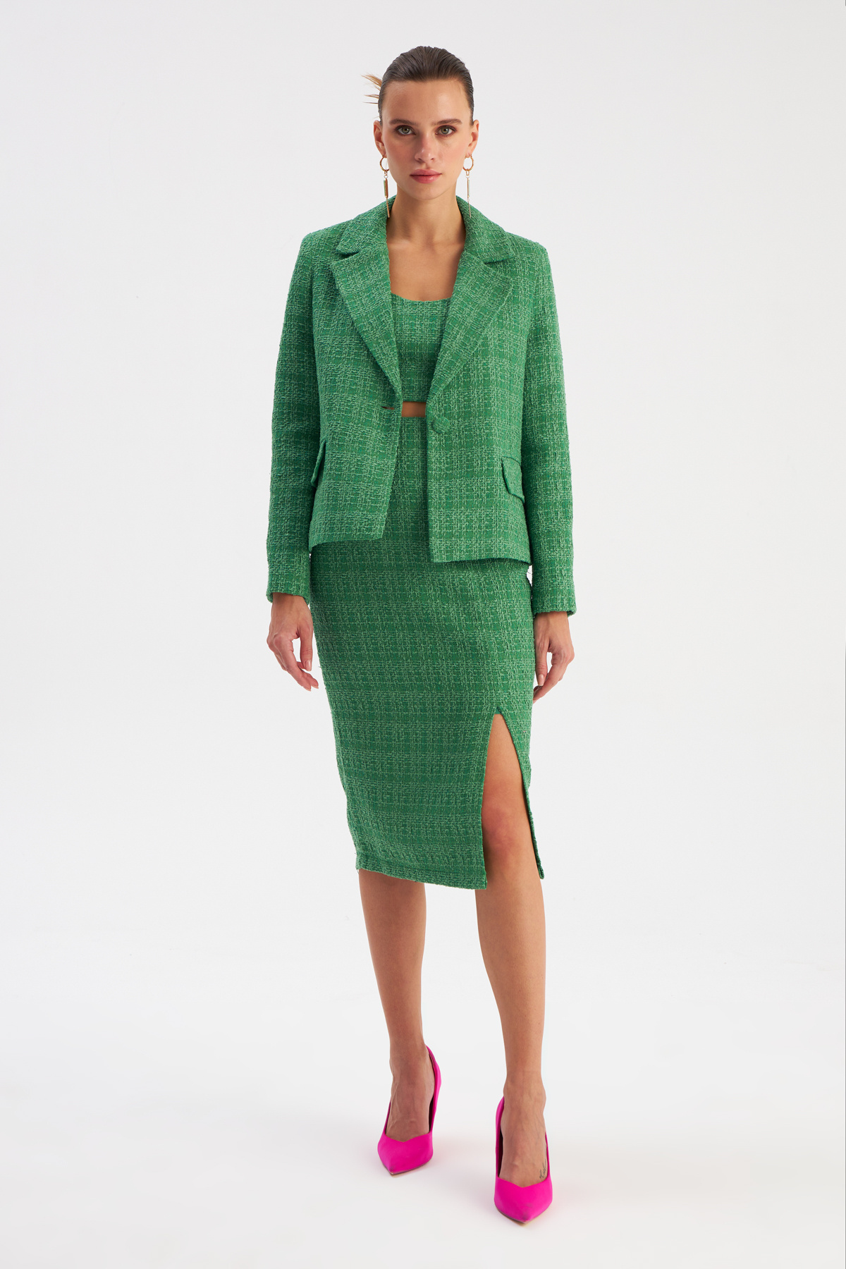 Yırtmaçlı Tüvit Kalem Etek - K.YEŞİL