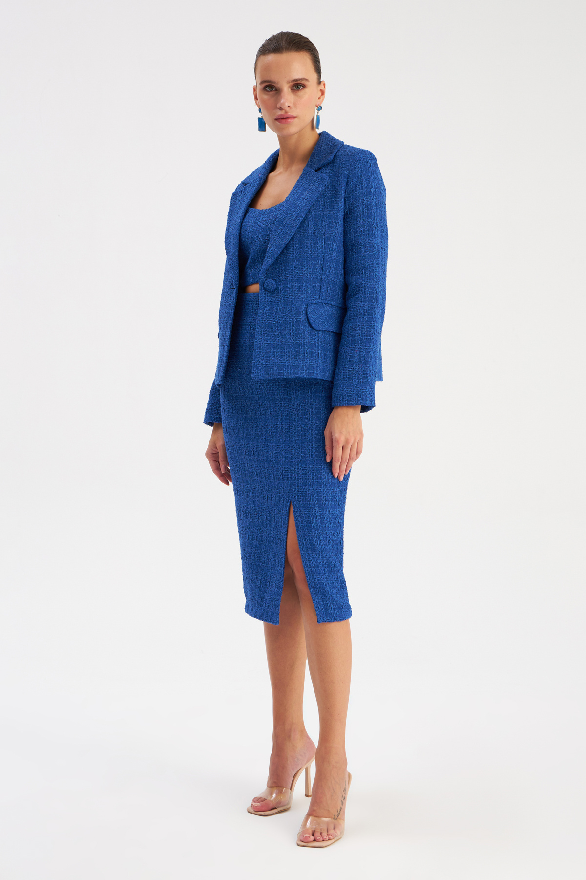 Yırtmaçlı Tüvit Kalem Etek - SAX MAVİ